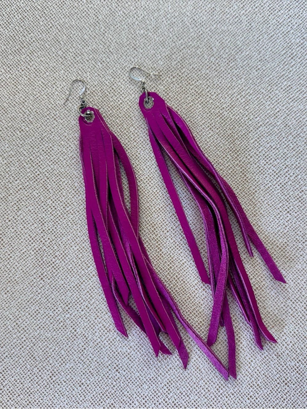 Handmade Leather Magenta Fringe Dangle Earrings - Women Jewelry